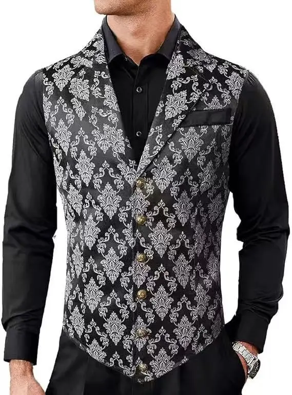 Herren Vintage Viktorianische Blumen-Jacquard-Weste, V-Ausschnitt, einreihig, ärmellos, Gothic Hochzeits-Party Cosplay Kostüm – Detail 3