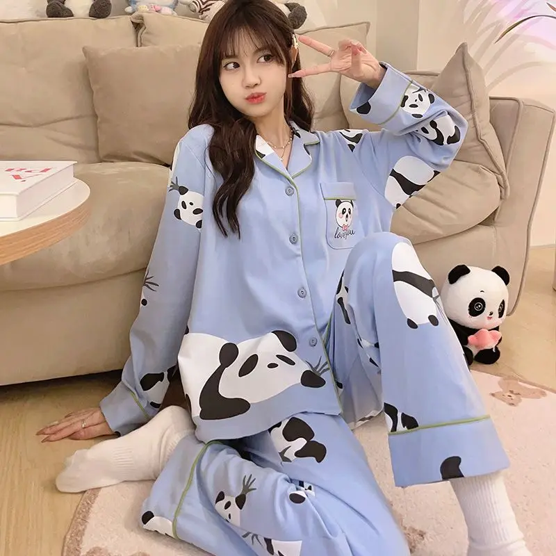 Pigiama da donna manica lunga primavera autunno Large Size 100.00kg indossabile Homewear Suit femminile dolce Cartoon Casual Sleepwear Set