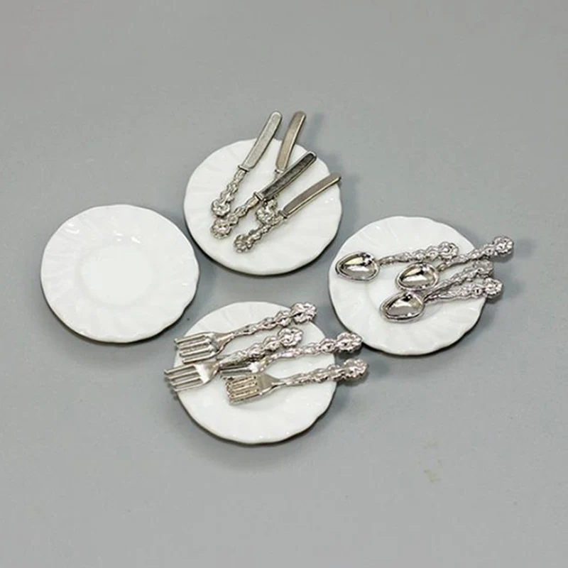 16Pcs Miniature Knife Fork Spoon Plate Tableware Dollhouse Kitchen Decoration Accessories Furniture Toys