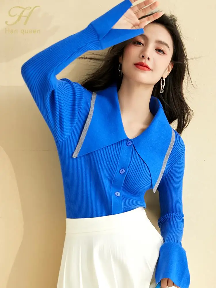 H Han Queen Autumn Winter New Korean Single-Breasted Knitted Cardigan Sweater Color Matching Long Sleeve Sweater Tops Women