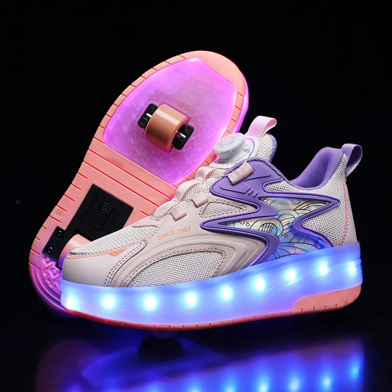 Luminous Roller Skates Swivel Buckle USB Charging Glowing Sneakers Children LED Light Casual Shoes Boys Girls Wheels Kids Shoes