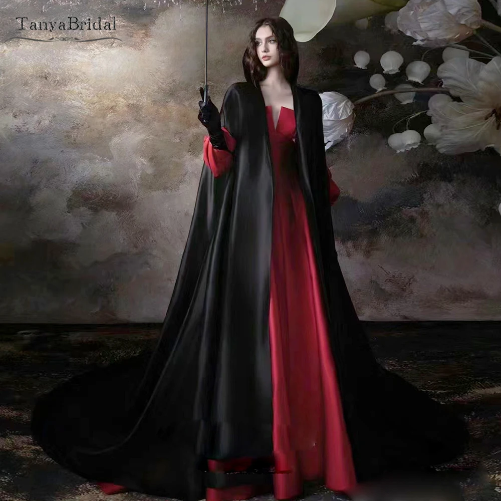 

Черная атласная свадебная куртка с длинным шлейфом, женское вечернее пальто, свадебный наряд, накидка Chic DJ345