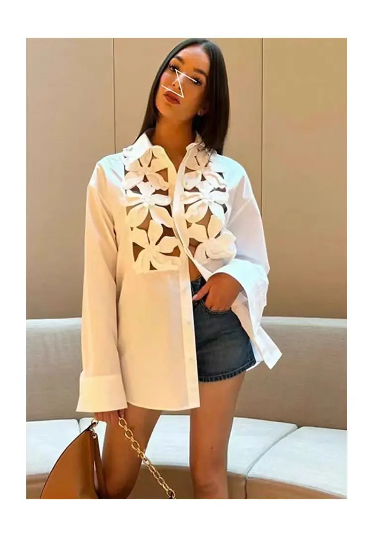 Fato de algodão branco elegante feminino, camisa, mangas completas, flor oca sexy, moda casual, casaco de menina quente, outono, 1 peça