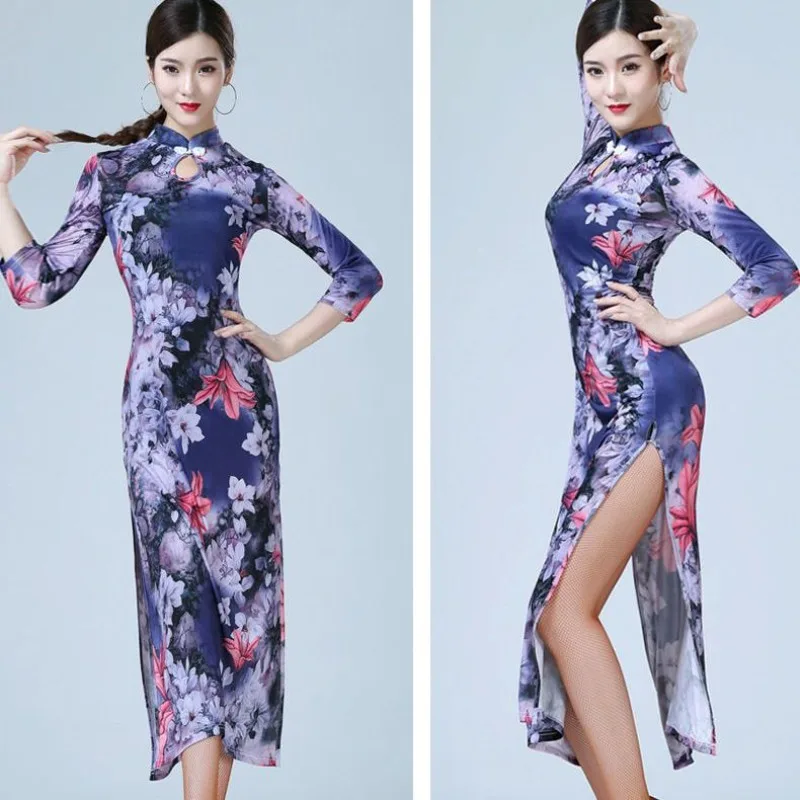 

New Style for Dancing Petite Dance Cheongsam Classical Dance Elastic Cheongsam High-elasticity Chinese-style Latin Dance Dress
