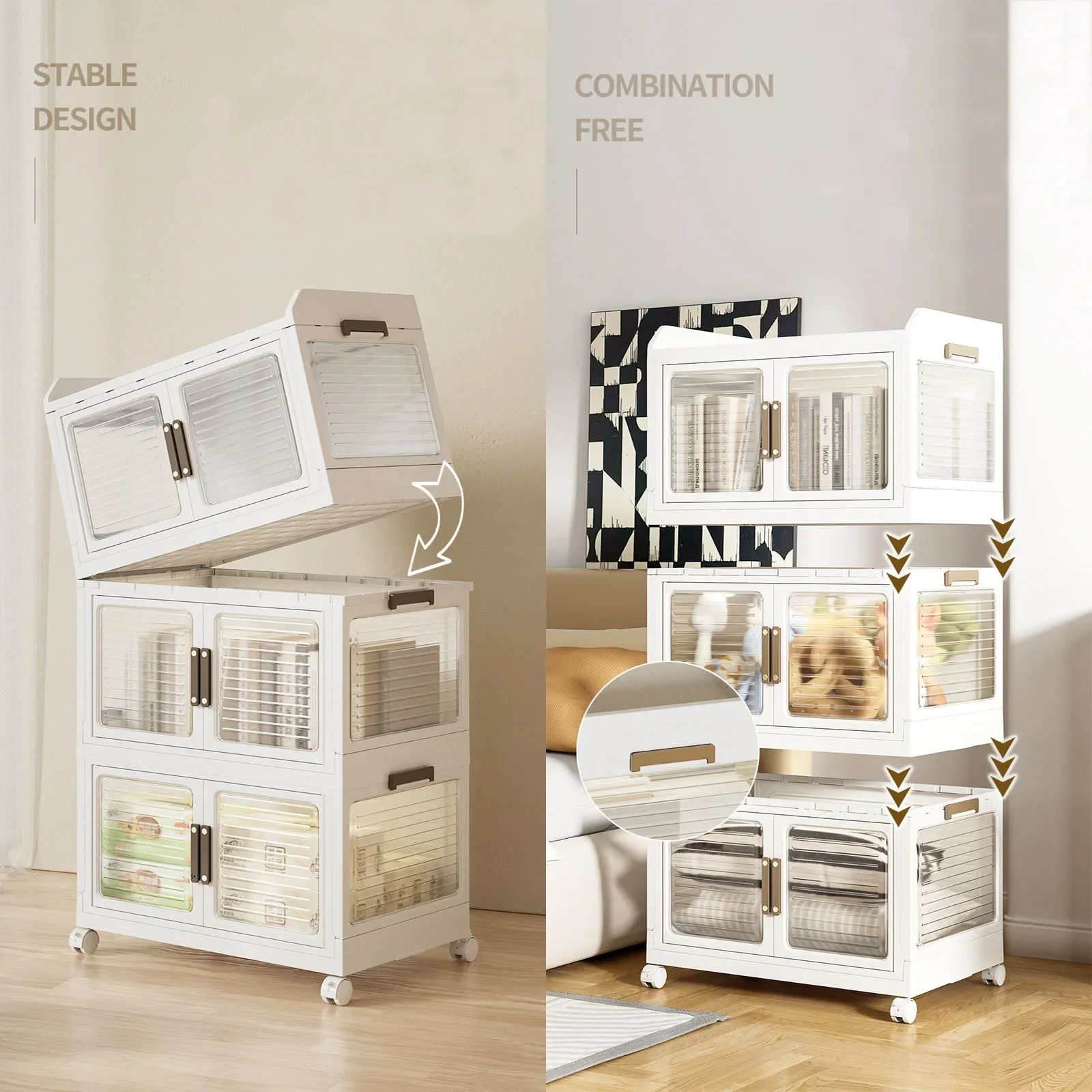 صناديق تخزين قابلة للطي بعجلات وأغطية - مكعبات بلاستيكية قابلة للتكديس مع أبواب لتنظيم سهل #1