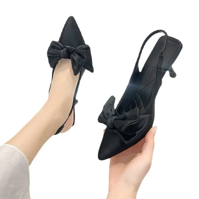 Sepatu sandal Slingback wanita, Kasut Pump elegan ujung lancip simpul pita modis musim panas 2023