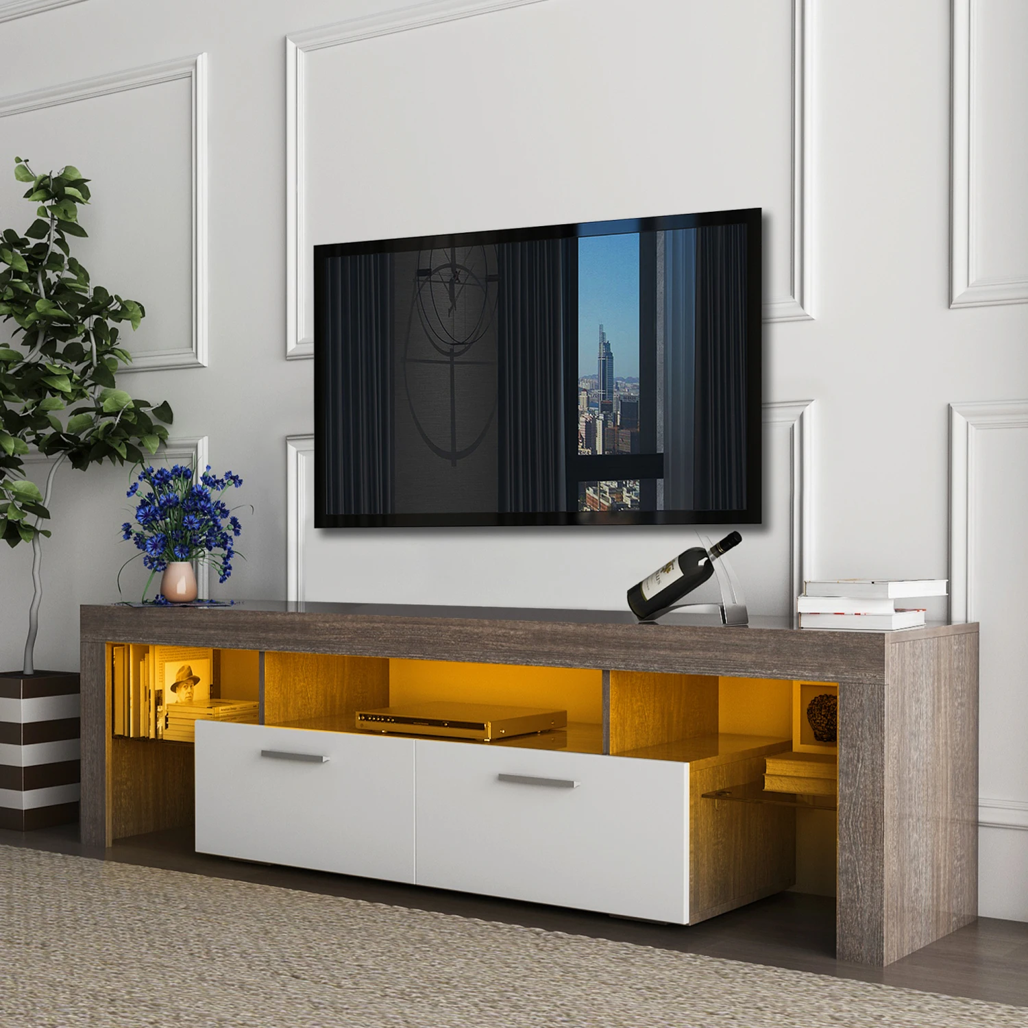 20 minutes quick assembly brown simple modern TV stand with the toughened glass shelf Floor cabinet Floor TV wall cabinet Brown