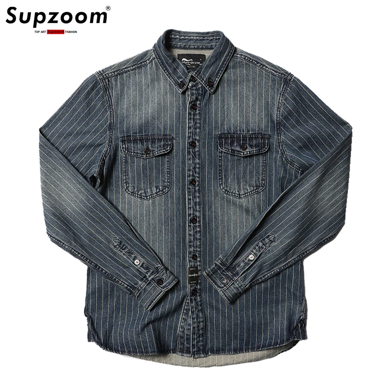 

Supzoom 2023 New Arrival Top Fashion Brand Clothing Denim Full Turn-down Collar Open Stitch Striped Men Chemise Casual Shirts