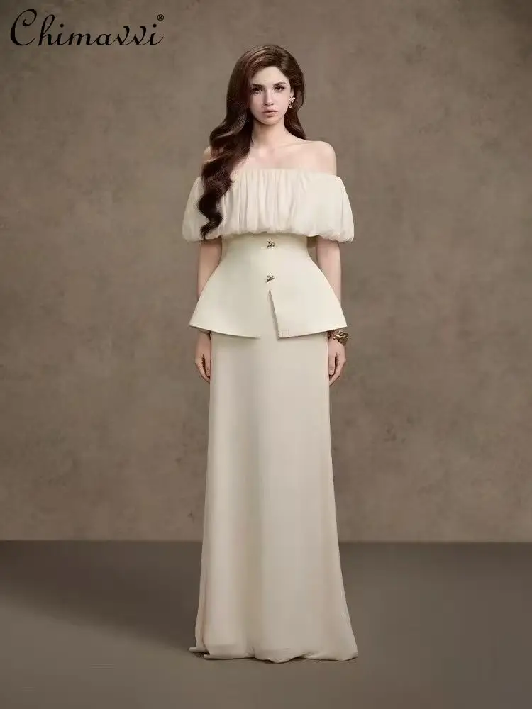 

French Elegant Temperament Ruffled Top Skirt Set Off-Shoulder Slim Shirts High-Waisted A-Line Long Skirts Two-Piece Sets Women