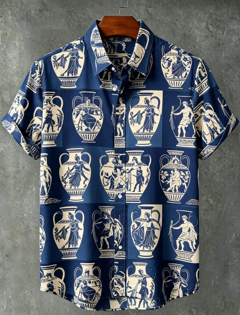 Sommer Herren Klassisches Zivilisations-Motiv Bedrucktes Alltags- und Party-Kurzarmhemd – Detail 9
