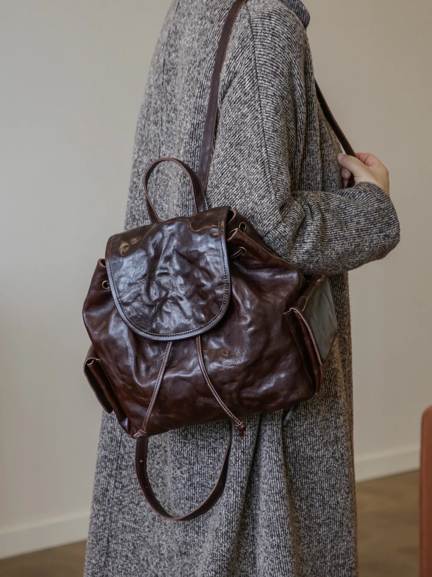 PNDME fashion designer handmade genuine leather women's backpack vintage luxury natural first layer cowhide female schoolbag