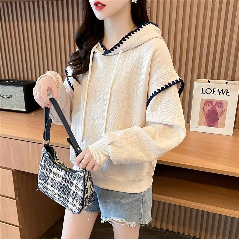 Autumn Winter New Fashion Solid Color Patchwork Long Sleeve Pullovers Hoodies Drawstring Korean Loose Trend All-match Chic Tops