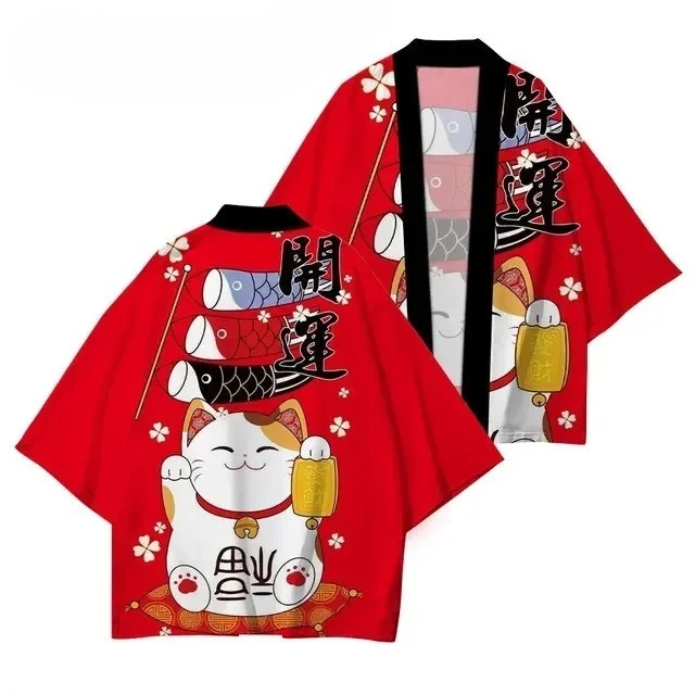 طباعة قطة على الطراز الياباني، هاوري كيمونو، يوكاتا، الساموراي، كيمونو للرجال والنساء، الملابس الآسيوية التقليدية، سترة هاراجوكو