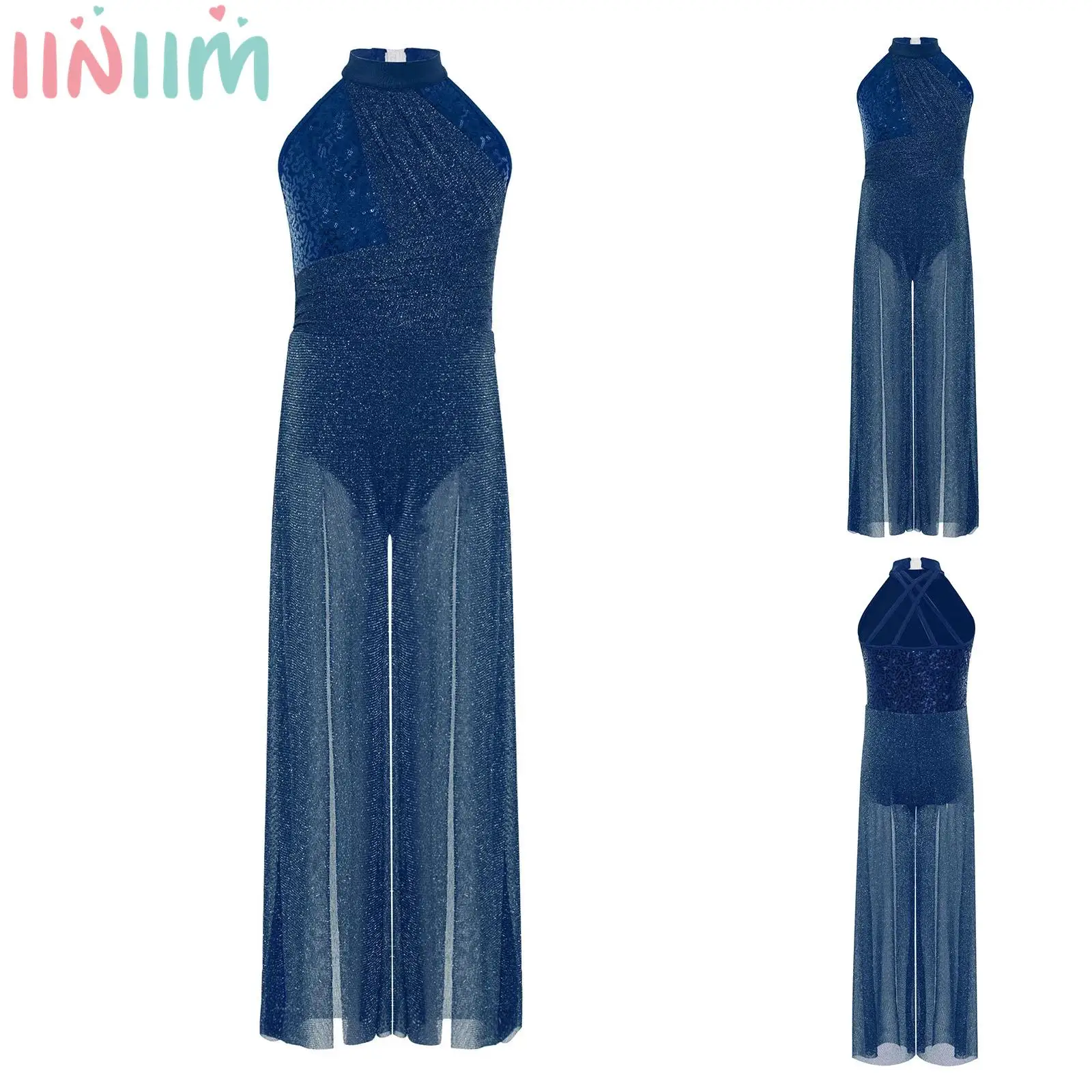 

Детский комбинезон для лирических танцев для девочек, сетчатый комбинезон без рукавов с блестками и разрезом, широкий боди, наряд из блестящей сетки и блесток