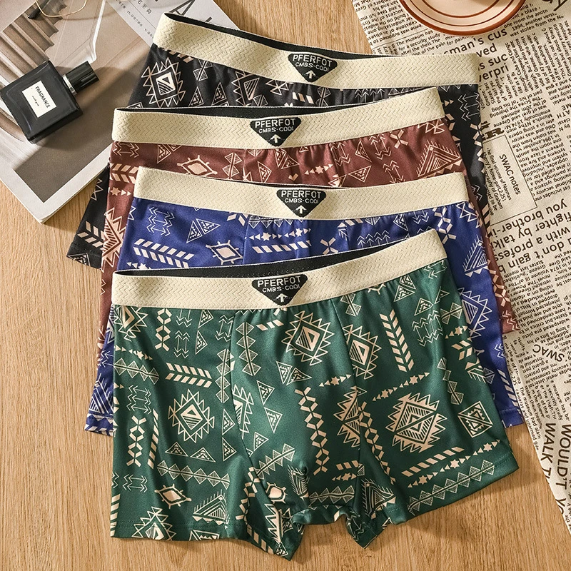 

4Pcs Men's Boxer Briefs Sexy Print Men Panties U Convex Male Underpants Comfortable Plus Size Underwear Boxers