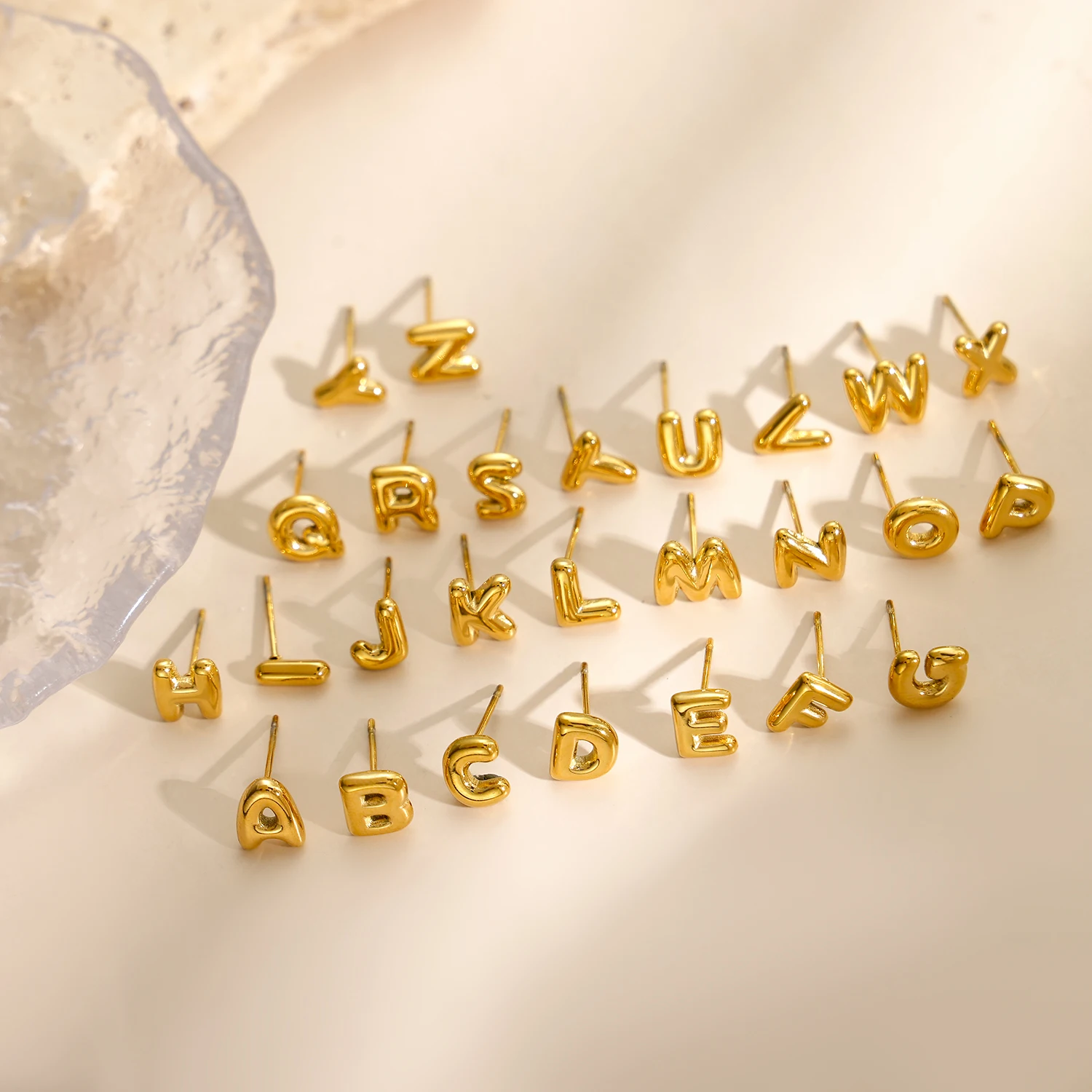 Fashion Stainless Steel 26 Initial Letter A-Z Gold-Plated Mini Bubble Letter Ear Studs Waterproof Plated Daily Jewelry Gift