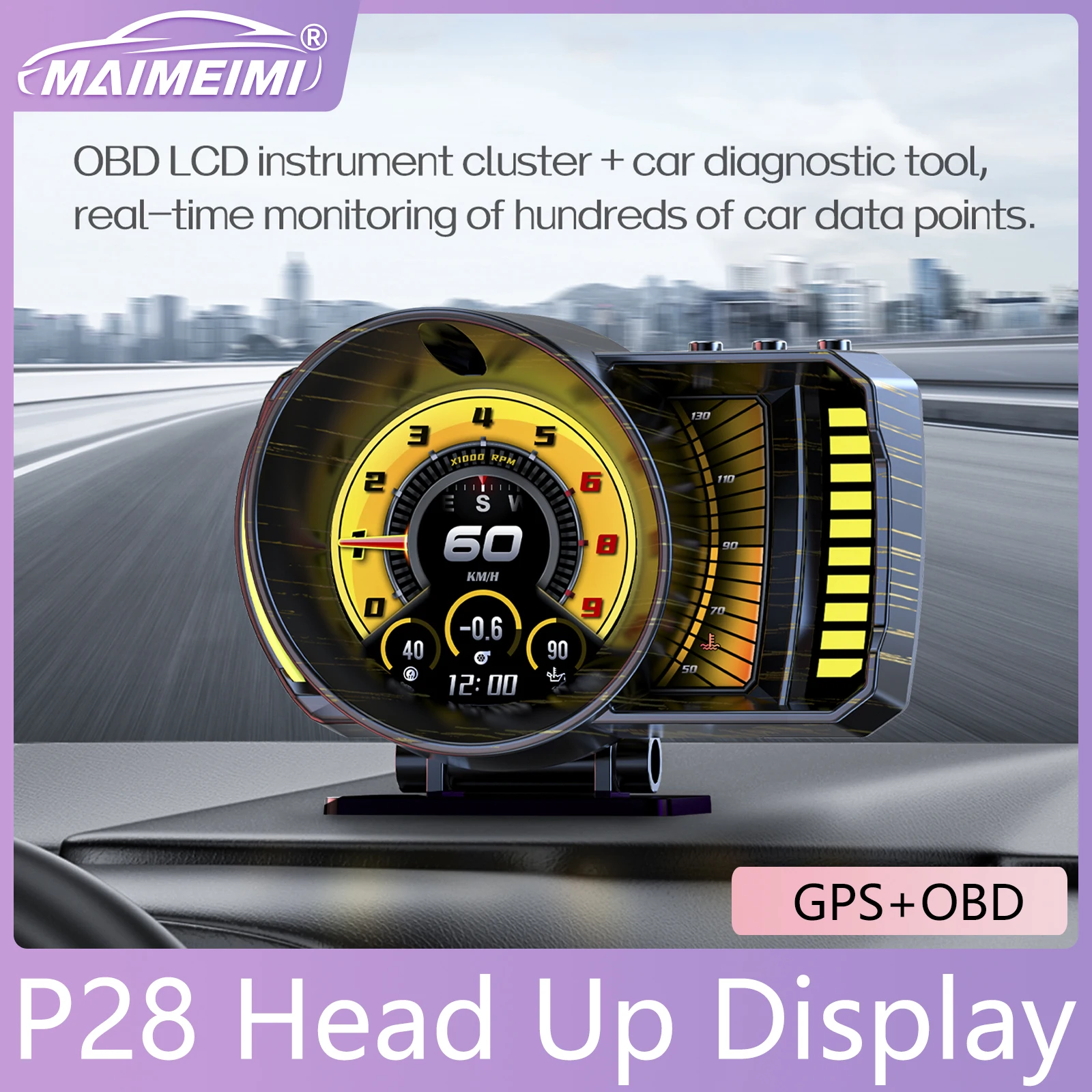 Car OBD+GPS Head Up Display P28 HUD Speedometer Oil Temp Automotive Electronic Components RPM Voltage Oil Pressure Display Meter