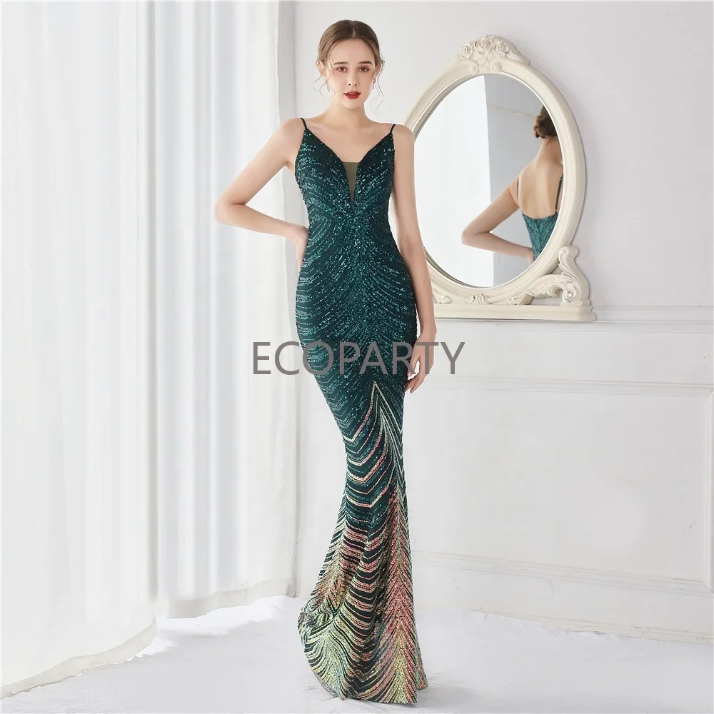 Ladies Sexy Sequin Silver Evening Dresses Mermaid Lace Prom Gown Deep V Neck Beading Strapless Elegant Women Party Formal Dress