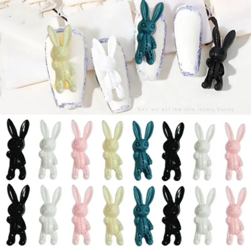 

50PCS Cartoon Cute Long Eared Rabbit Resin Nail Charms Solid Color Lines Rabbit Nail Art Decorations for DIY Phone Case Nails