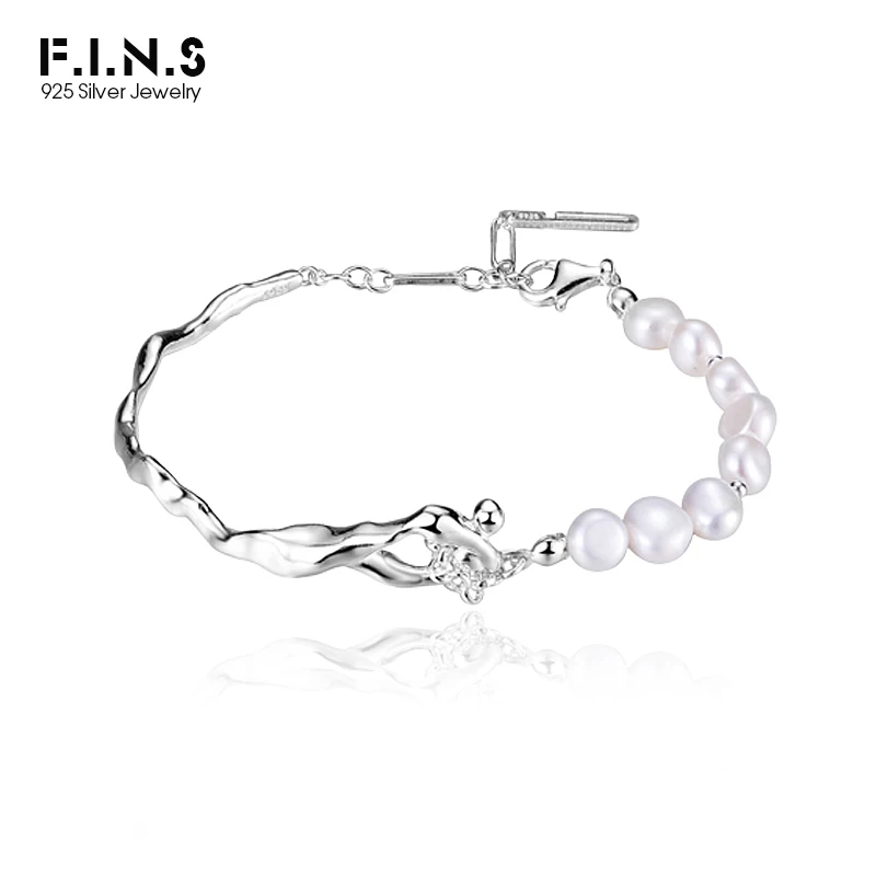 

F.I.N.S Original S925 Sterling Silver Baroque Freshwater Pearl Bracelet Bangles French Style Irregular Adjustable Hand Jewelry