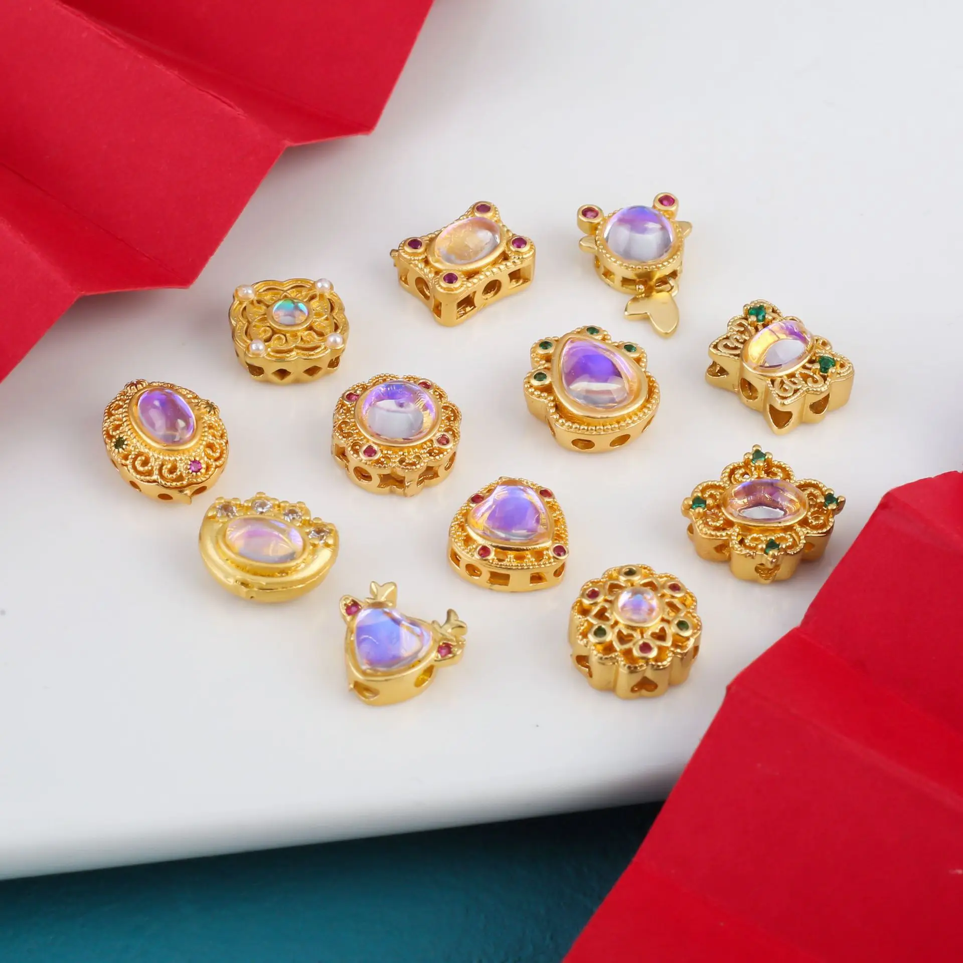 7pcs Copper Plating Hollow Multi-pass Ring Inlaid Moonstone Spacer Beads Diy Bracelet Necklace Jewelry Accessories Wholesale