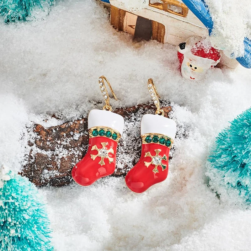 Huitan Christmas Stocking Dangle Earrings for Women Red Enamel Snowflake Green CZ  Xmas Sock Drop Earrings Holiday Party Jewelry