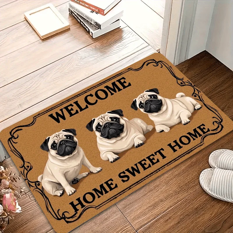 

Charming Pug Welcome Mat Soft Plush Polyester Fabric Washable Non Slip Indoor Outdoor Entrance Doormat Cute Dog Design Home Decor Absorbent Durable Floor Mat for Bathroom Kitchen Bedroom Living Room Porch Use