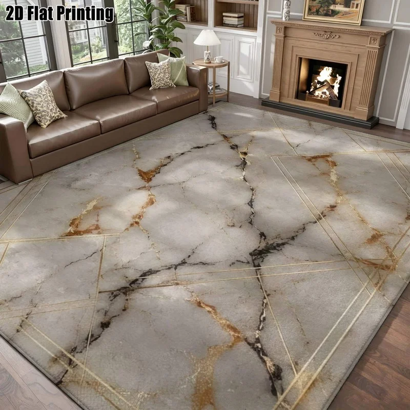 Large Indoor Area Rug, Soft Velvet Low Pile Machine Washable, Marble Texture with Gold Geometric Lines, for Living Room Bedroom Modern Home Floor Decor