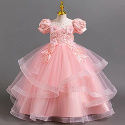 The new 4-12-year-old girl party dress embroidery elegant long skirt bubble sleeve lace mesh gauze girl birthday ball night dres