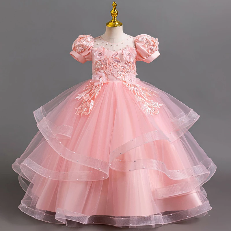 The New 4-12-Year-Old Girl Party Dress Embroidery Elegant Long Skirt Bubble Sleeve Lace Mesh Gauze Girl Birthday Ball Night Dres