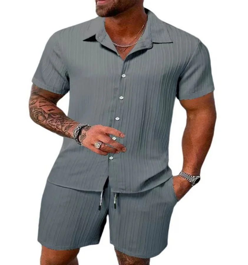 Spring and summer Europe and the United States new men\'s striped jacquard beach suit loose shorts shirt