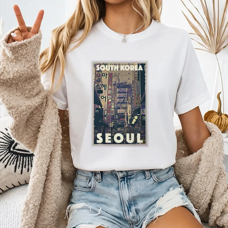 Unisex Vintage Seoul City Street Poster Graphic T Shirt South Korea Retro Urban Daily Streetwear Top