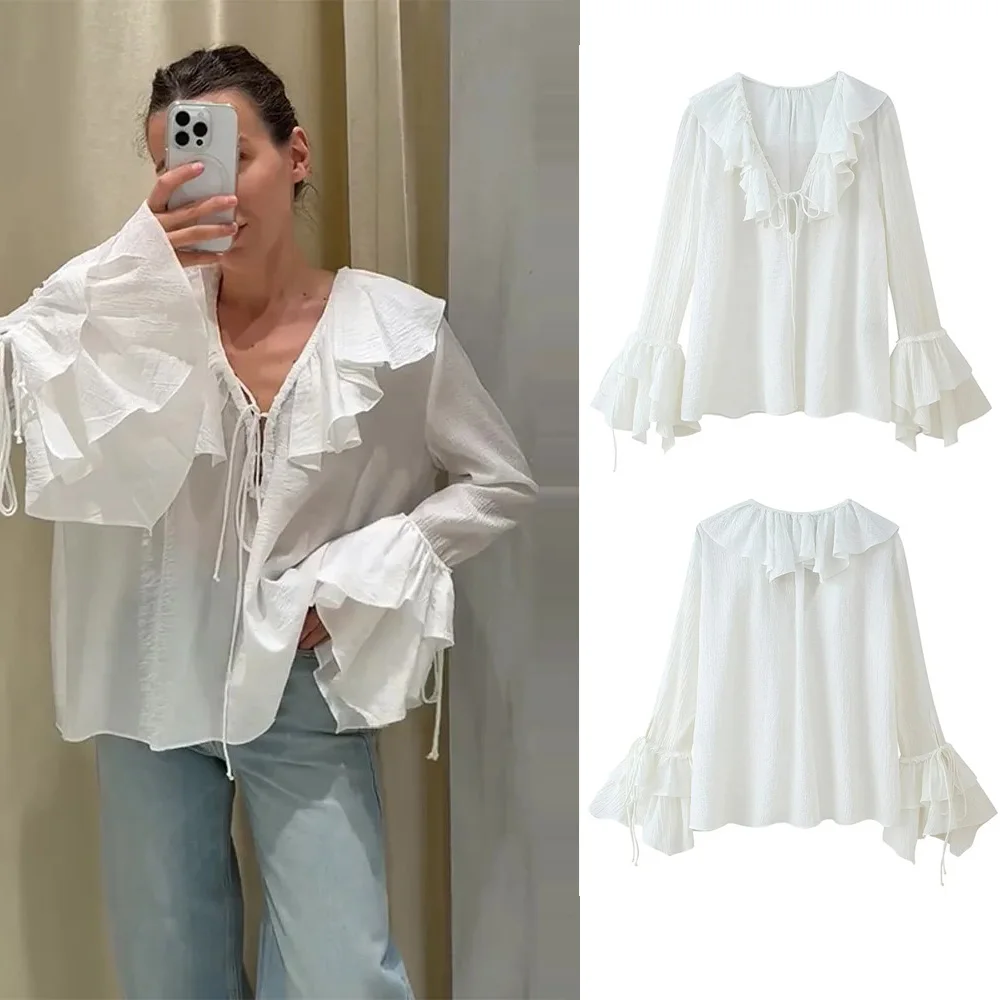 

PRINTKAOIR женские элегантные шифоновые блузки с v-образным вырезом и длинными рукавами на шнуровке, модные весенне-осенние женские топы