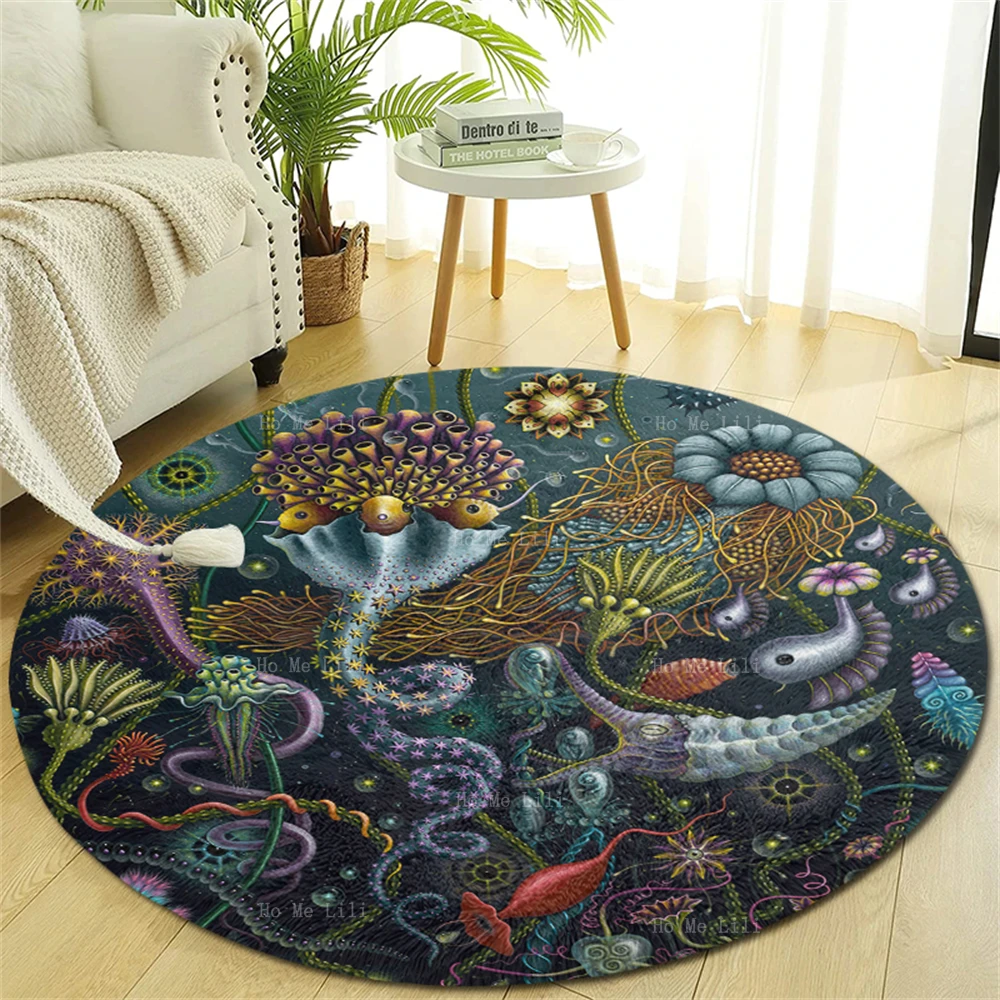 Mysterious Psychedelic Ecosystems Star Heroes Island Tour Transports With Animals On Road Round Flannel Floor Rugs