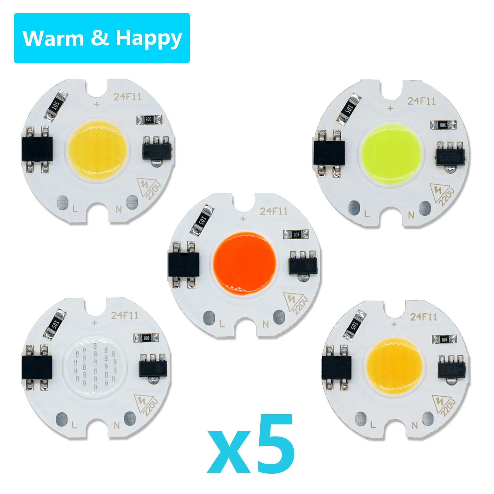 

5pcs lots LED COB Chips AC220V 3W 5W 7W Seven Color Drive Free 24MM Suitable for Downlight Spot Lighting Light Source