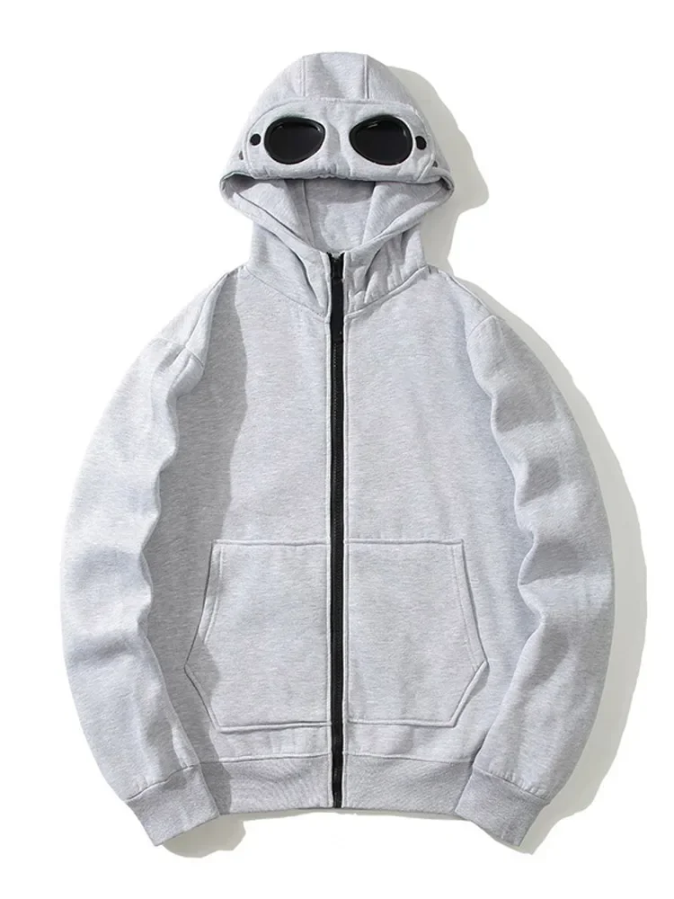 Casual Solid Hooded Sweatshirt For Male Trendy Long Sleeve Zipper Up Sunglasses Hat Cardigan Jacket Autumn High Street Warm Coat