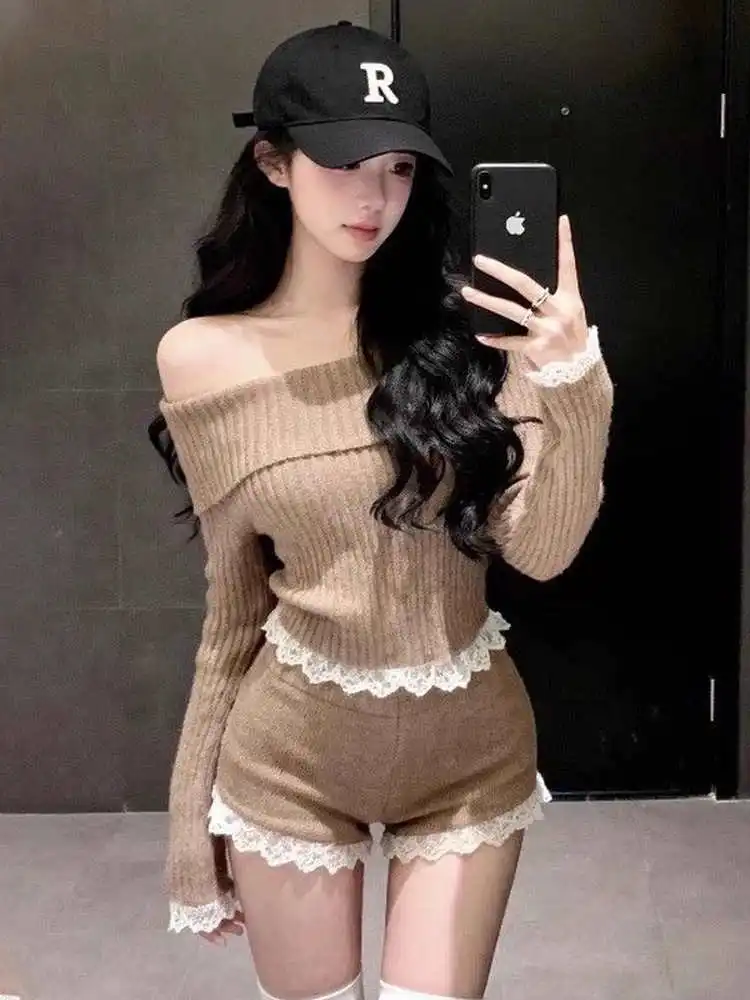 Autumn Winter Lace Splice One Shoulder Knitted Top High Waist Short Pants Two Piece Set Sexy Style Casual Wear for Women