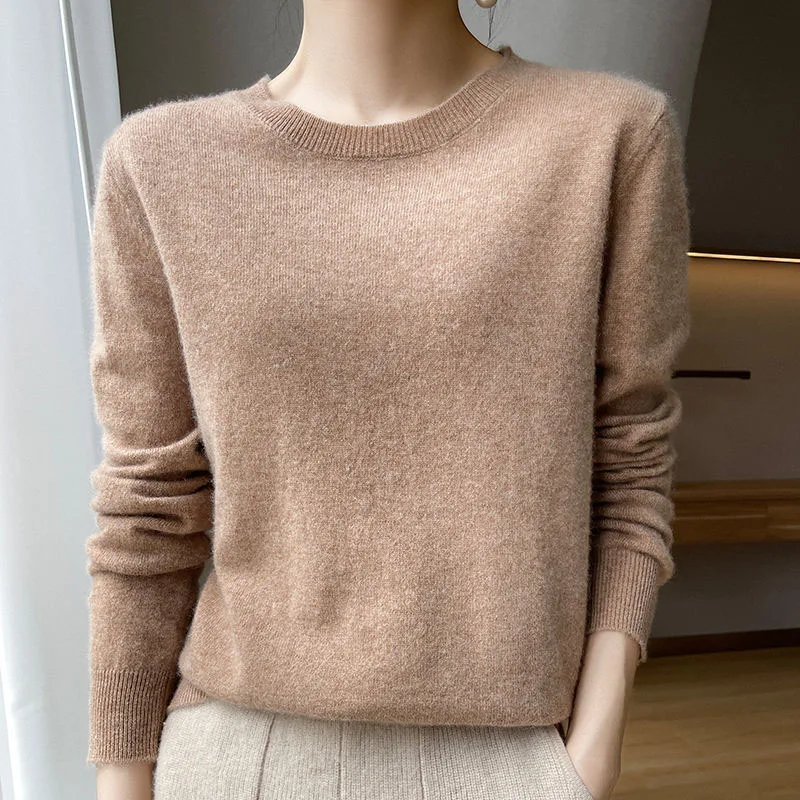 Autumn and Winter Fashion Trend Solid Color Round Neck Loose and Versatile Simple Western Style Slim Long Sleeve Knitted Sweater