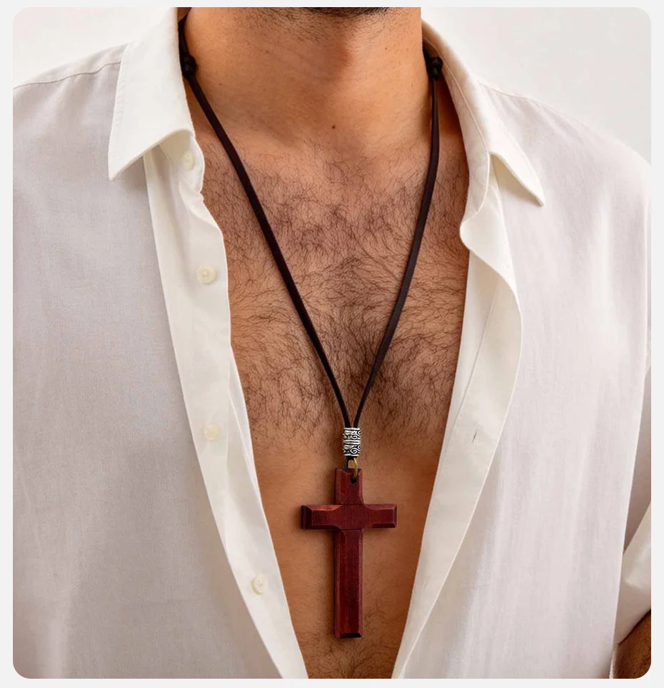 Vnox Vintage-Halskette mit Holzkreuz-Anhänger für Männer und Frauen, verstellbares 44–86 cm langes Lederband, christliches Gebetsamulett, Schmuck, Geschenk – Detail 3