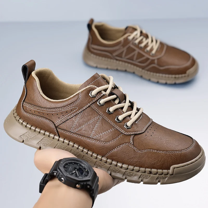 

High Quality Lace Up Mens Casual Sports Shoes Lightweight Leather Treking Footwear Board Shoes Outdoor Sneakers Hiking Trainers