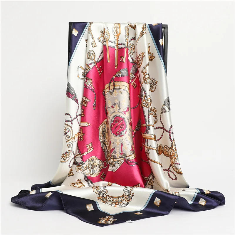 Luxus Marke Platz Silk Schal Frauen Satin Druck Hijab Schals Muslimischen Pareo Bandana Weibliche Schal Wrap Stirnband Foulard 90*90 cm – Detail 6