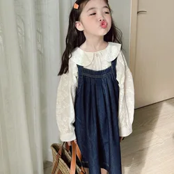 2022 Spring Autumn Girls' Clothing Sets Lady Style Long-Sleeved Children'S Suit Cute Denim Suspender Dress +Lace Shirt Suit