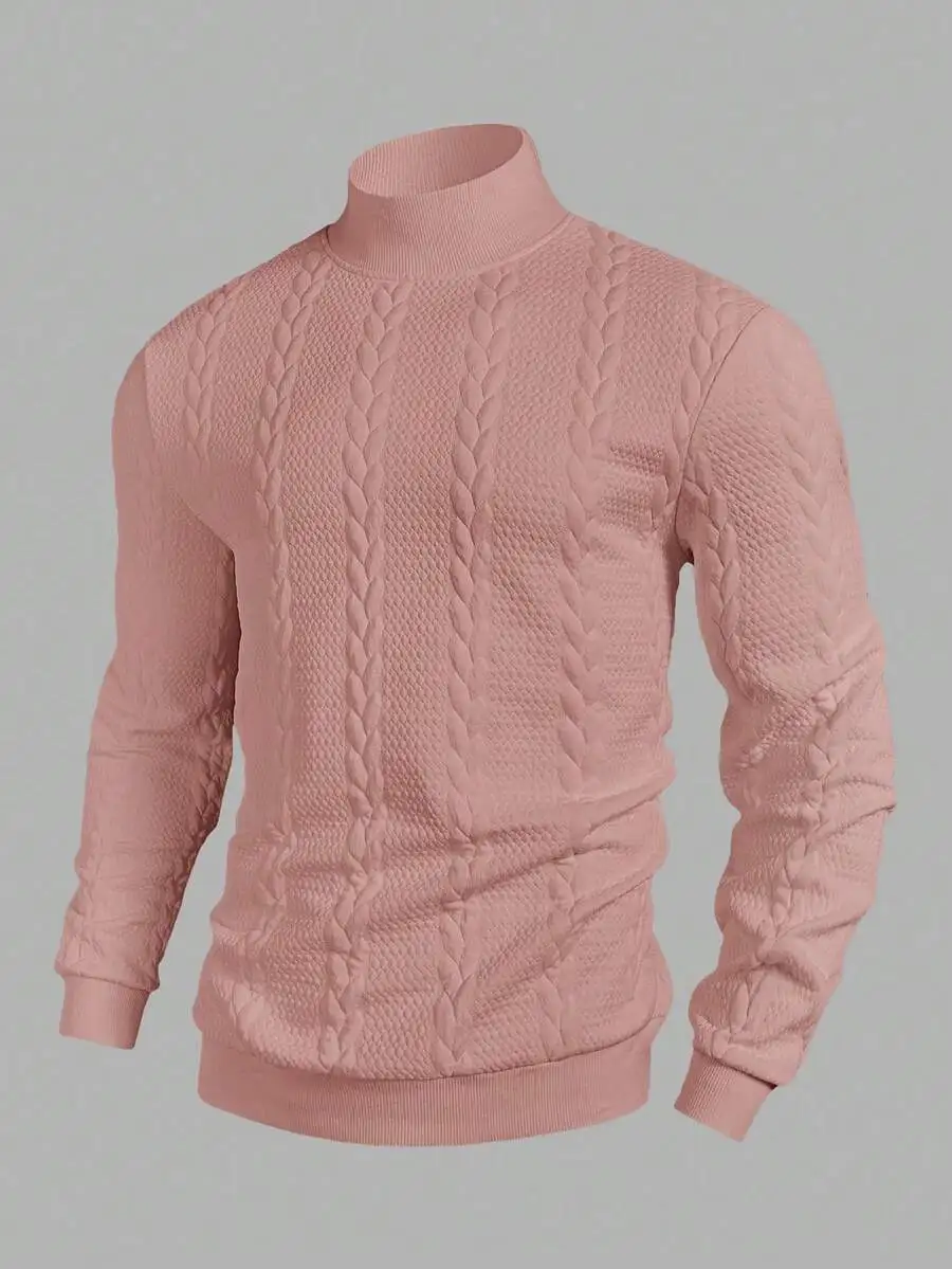 Men's Black Cable Knit Turtleneck Long Sleeve Casual Sweater for Autumn Winter