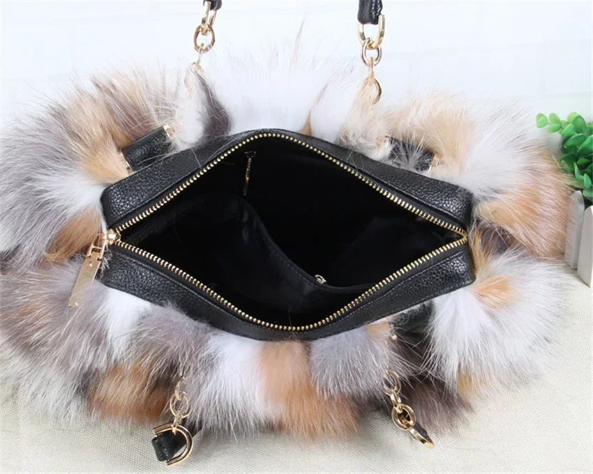 Luxury Real Fox Fur Women Tote Bag Shoulder Bag Winter Evening Party Bag Ladies Purses and HandBags