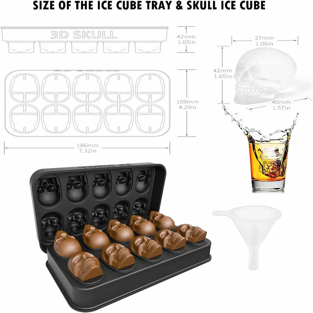 10 Cavity 3D Skull Silicone Mold Ice Cube Tray For Baking Chocolate Ice Cube Maker Whiskey Wine Cocktail Ice Mold Halloween Gift