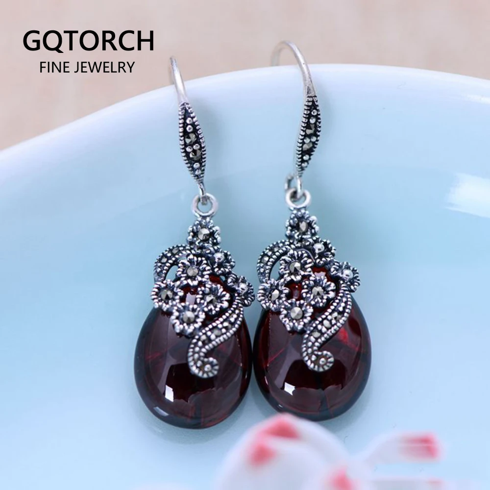 Orecchini pendenti vintage Veri gioielli in argento sterling 925 Orecchini a forma di goccia con fiore intagliato in pietra rossa granato naturale per le donne