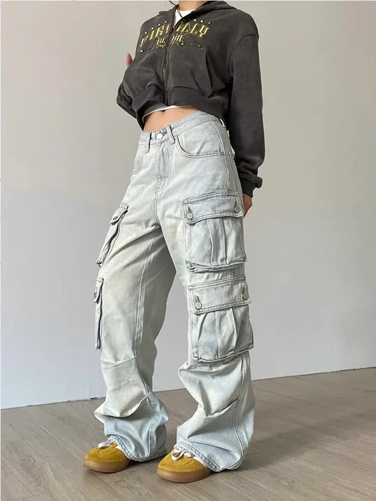 2024 Winter New Woman High Waist Loose Jeans Fashion Casual Multi-pocket Wide Leg Pants Street Trendy Baggy Jeans S-XL