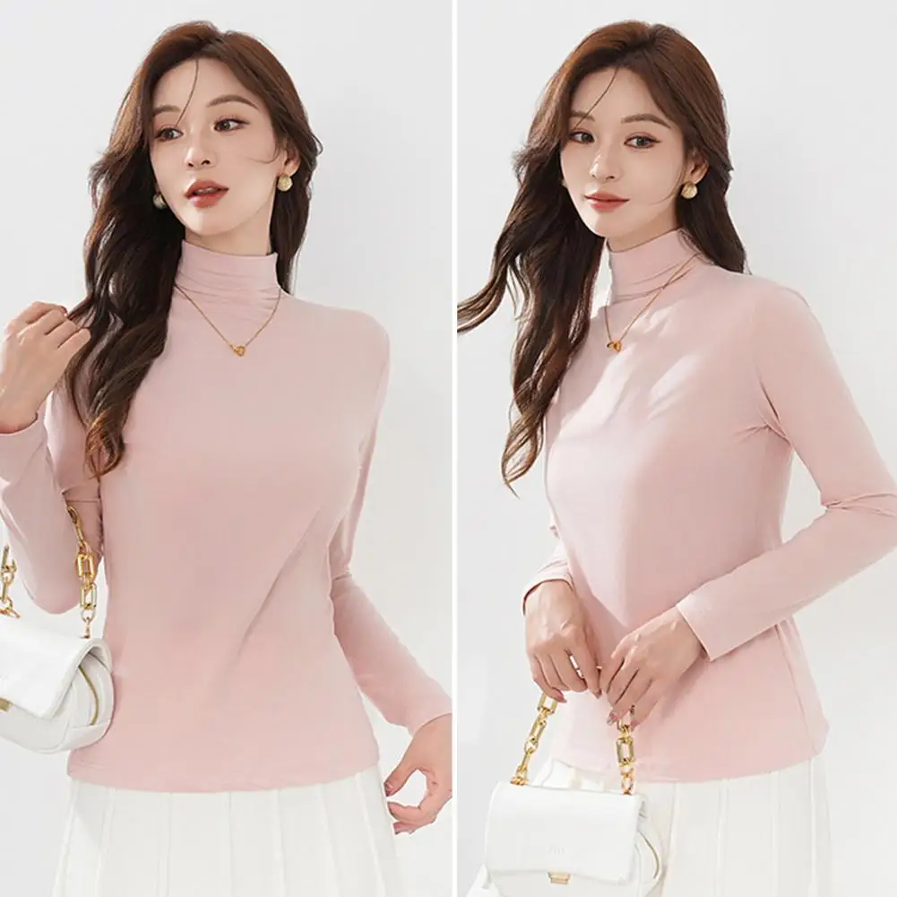

Fitted Top Women's Slim Fit Long Sleeve High Collar Pullover Blouse Lightweight Stretchy Casual Top for Bottoming Outfits Solid