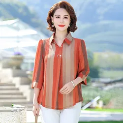 Elegant Women Spring Summer Chiffon Blouses Shirts Lady Casual Lapel Collar Half Sleeve Striped Blusas Middle Age Mother Tops