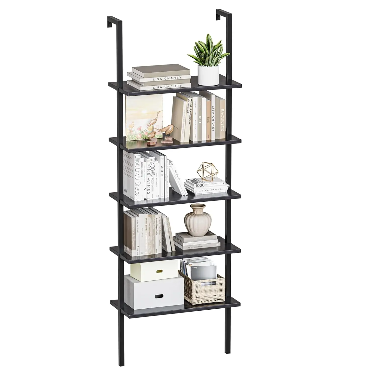

5-Tier Wall Mount Ladder Bookshelf Wood & Metal Frame Home Office Living Bedroom Entryway Hallway, Customized